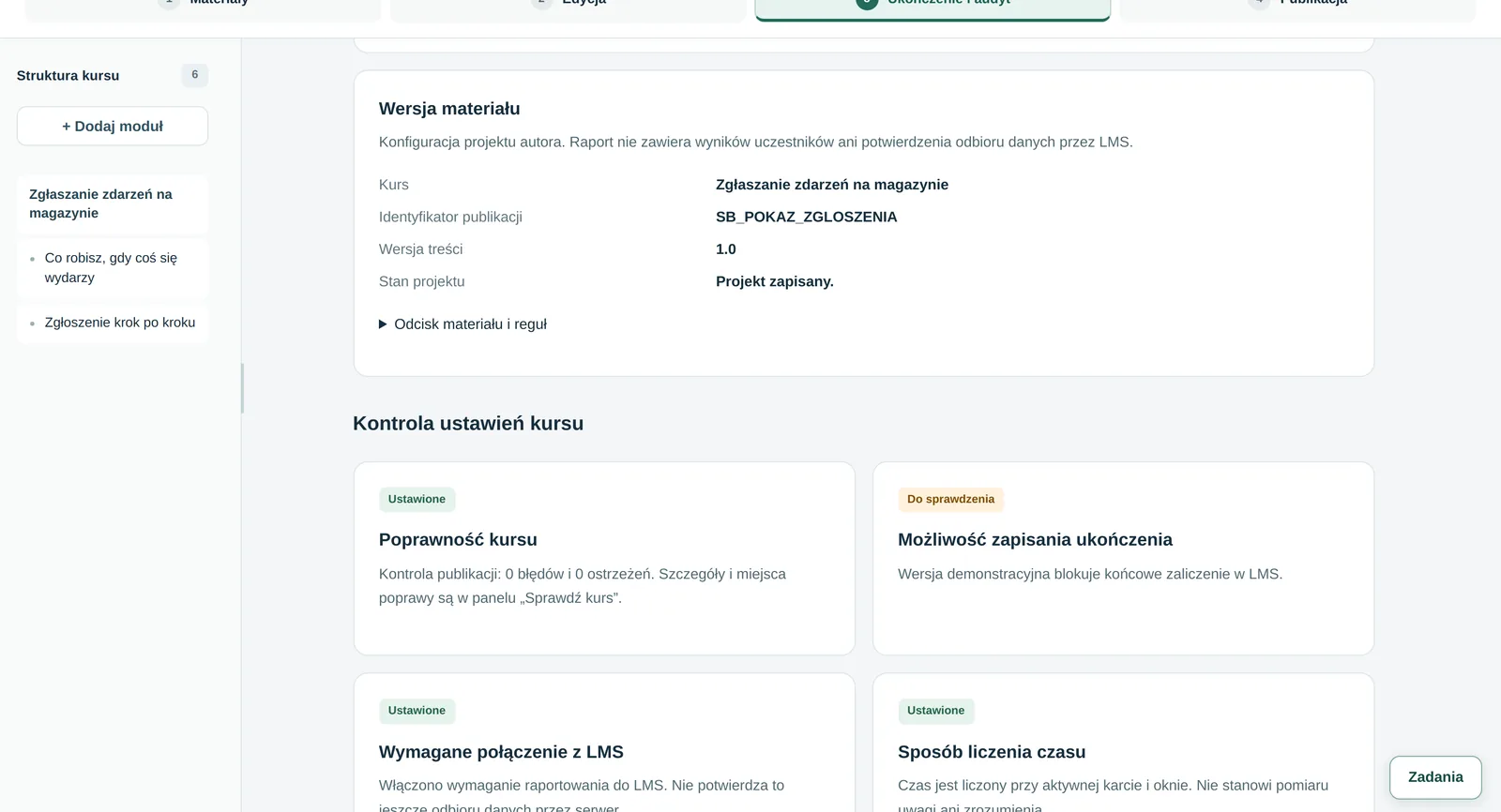Edytor, krok Ukończenie i audyt: kontrola ustawień kursu z kartami „Ustawione” i „Do sprawdzenia”, m.in. poprawność kursu, możliwość zapisania ukończenia, wymagane połączenie z LMS i sposób liczenia czasu.