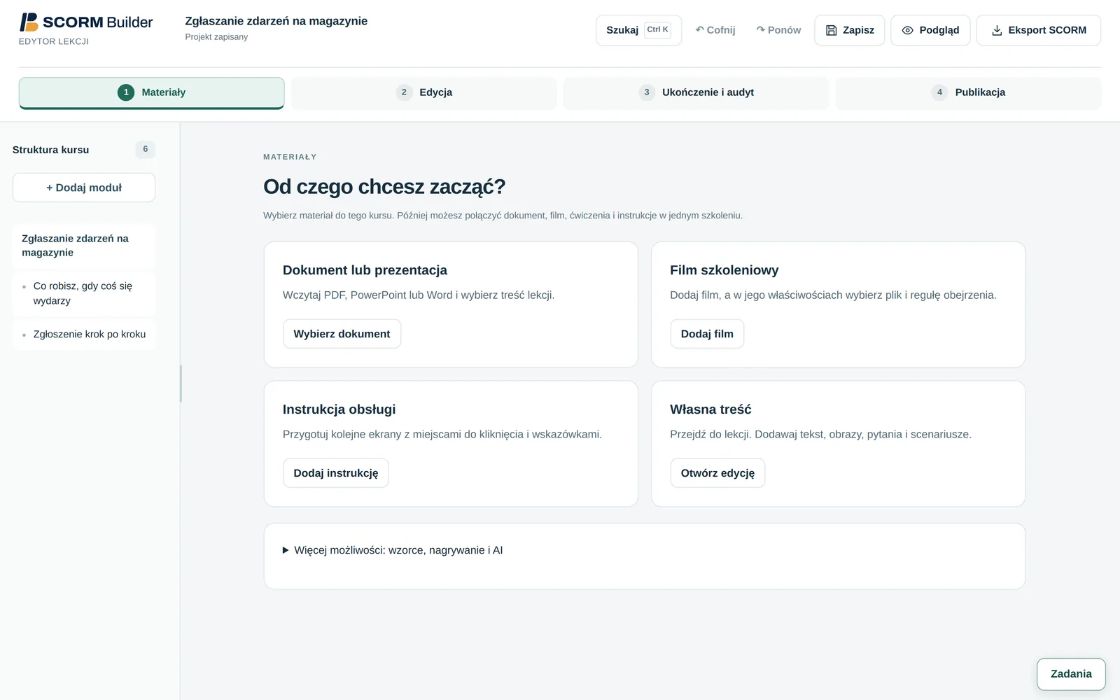 Edytor lekcji SCORM Builder, krok Materiały: cztery punkty startu — dokument lub prezentacja, film szkoleniowy, instrukcja obsługi, własna treść.