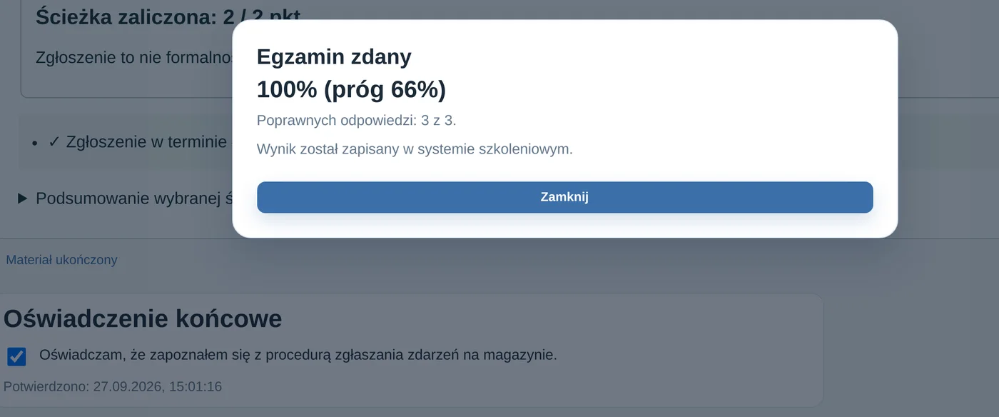 Kurs pokazowy otwarty w Moodle: okno „Egzamin zdany, 100% (próg 66%), poprawnych odpowiedzi 3 z 3”, pod nim złożone oświadczenie z datą i godziną.